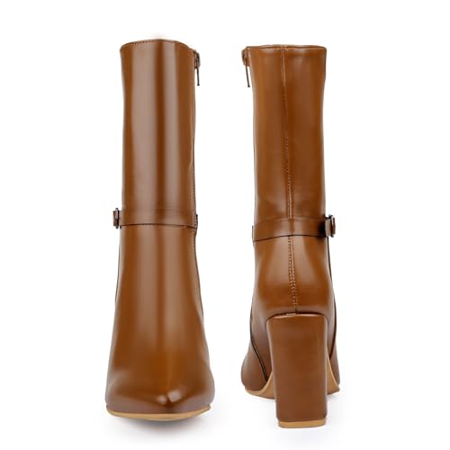 Image of Women's 3.5 Inch Block Heel Height, Classic Leather-Stylish Mid Calf (Half Boot) Buckle Boots