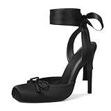 Celbreez Ballet Heels Satin Stiletto Heels for Women Close Square Toe Slingback Bow Lace Up High Black Heel Women's Pumps Strappy Mary Jane Ballerina Heel Party Wedding Cute Shoes