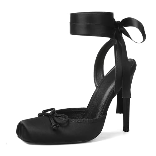Celbreez Ballet Heels Satin Stiletto Heels for Women Close Square Toe Slingback Bow Lace Up High Nude Heel Women's Pumps Strappy Mary Jane Ballerina Heel Party Wedding Cute Shoes