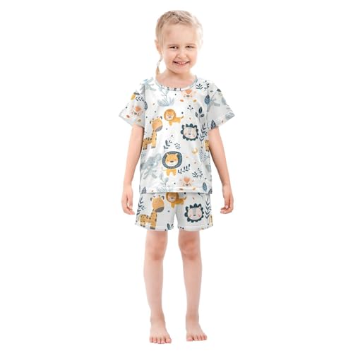 ALAZA Cute Lion Giraffe Elephant Cartoon Pajamas Short Sleeve 2 Piece Sleepwear Top and Bottom Pajama Set Unisex3