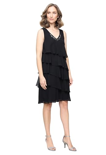 Image of S.L. Fashions Women's Chiffon Tiered Jacket Dress with Beaded Neckline Mother of the Bride, Cocktail, Or Wedding Guest Dress