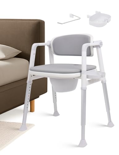 amicura 3-in-1 Drop Arm Shower Chair Bedside Commode Toilet with Anti-Splash Bucket Extra-Wide Padded Adjustable Raised Toilet Seat for Seniors up to 300 lbs. Potty Chair for Toilet Grey