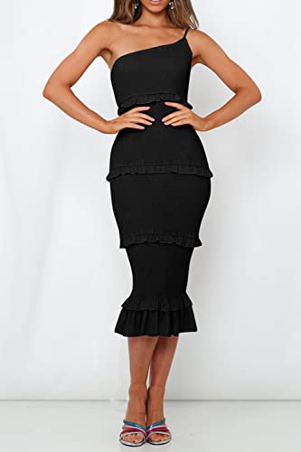 Image of PRETTYGARDEN Women's Summer Midi Bodycon Dresses One Shoulder Strappy Tiered Ruffle Floral Boho Sun Dress