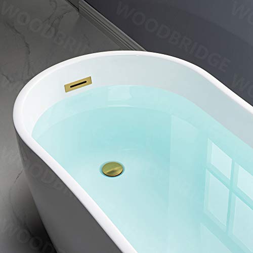 WOODBRIDGE 59\" Acrylic Freestanding Bathtub Contemporary Soaking White Tub with Brushed Gold Overflow and Drain, B1530 -BG-Drain &O