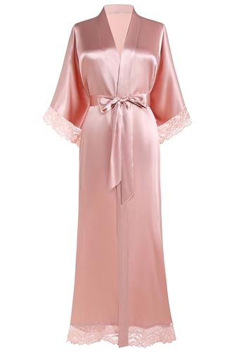 Image of BABEYOND Satin Kimono Robe Silky Long Bridesmaid Wedding Lightweight Bath Robe with Lace Trim