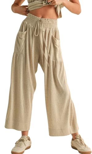 CHARTOU Women Summer Casual Loose Wide Leg Pants Drawstring Elastic High Waist Straight Trousers with Pockets