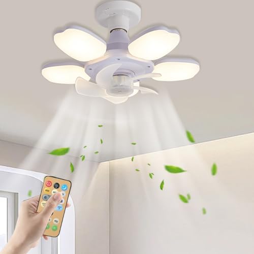LASANYA lampara ventilador techo dormitorio Blanco, Moderno ventiladores Cocina de techo con luz silencioso pequeño, Cuerpo plegable Ventiladores de Manzana de Cinco Palas E27, Regulable Comedor