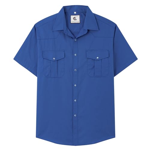 COEVALS CLUB Mens Short Sleeve Pearl Snap Western Cowboy Shirt Button Up Casual Work Dress Shirt, #8 Royal Blue, Large