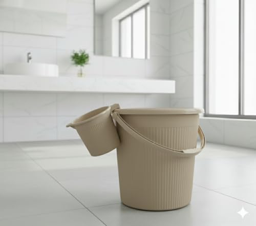 MODWARE Plastic Bucket Set with Mug, 20L Bucket with 1L Mug, Polypropylene, Round Shape, (Cream, 20 L)