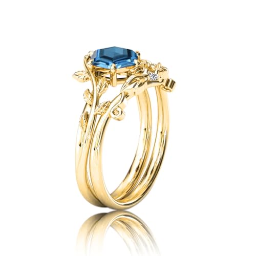 10K 14K 18K Solid Gold Natural Diamond Hexagon Vintage Gemstone Engagement Ring Set Leaf Art Deco Ring Set Hexagon Cut Unique Vine Gemstone Bridal Wedding Ring Set 4~122