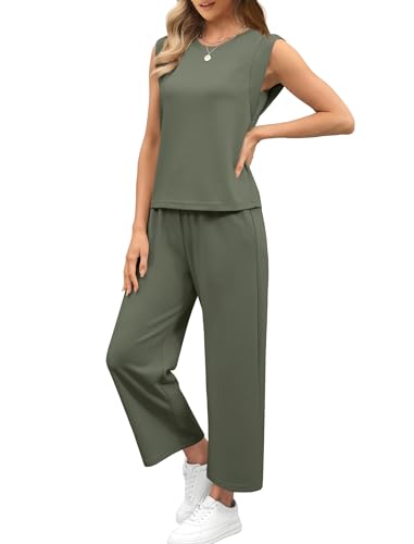 Image of SAMPEEL Two Piece Sets for Women Casual Travel Vacation Outfits Summer Wide Leg Crop Pants Lounge Sets
