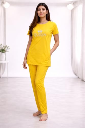 Image of KIAWAH Women's Cotton Night Suit, Long Top and Pajama Set, Round Neck, Short Sleeve,