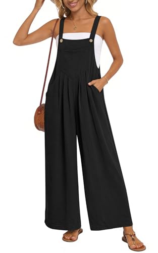 Anyally Womens Casual Jumpsuits Loose Wide Leg Overalls Summer Sleeveless Adjustable Strap Rompers with Pockets, L, A01-B-Black