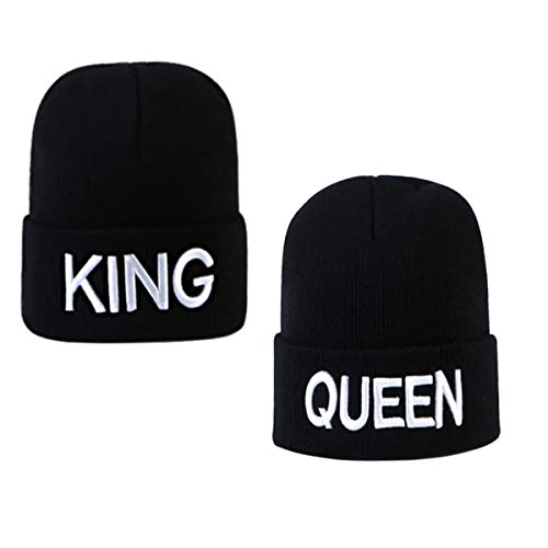 Yueser Couple Hiver Bonnet en Tricot, King Queen Alphabet Broderie Garder Au Chaud Couple Casquettes,Noir Cover