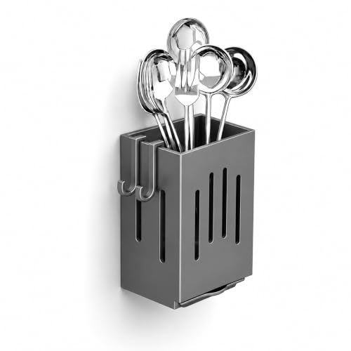 Image of KitchAntiqueWall Mounted Utensil Holder with Hooks | Self Draining Cutlery Organizer, Adhesive Installation | Waterproof Kitchen Spoon Chopstick Storage Rack for Countertop & Wall Use (1Pc, Grey)
