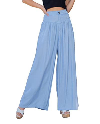 Wide Leg Denim Palazzo Pants for Women Smocked High Waisted Loose Fit Flowy Pants Casual Summer Lounge Trousers with Pockets