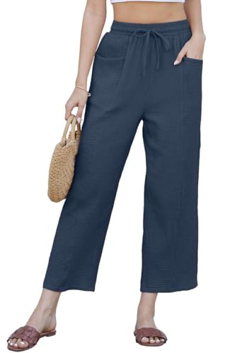 Joligiao Pantaloni Donna Estivi Leggeri Pantaloni Capri in Lino Cotone con Coulisse a Comodi 3/4 Pantalone Larghi con Tasche Tinta Unita Casual Elastico Pants Pantalone da Spiaggia(Blu Navy,M)