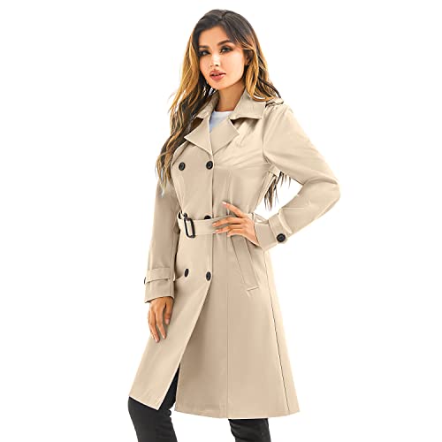Farvalue Women'S Waterproof Trench Coat Long Double Breasted Windbreaker Classic Belted Lapel Overcoat With Removable Hood Khaki Large thumb #2
