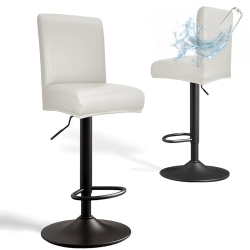Image of PU Leather Bar Stool Covers with Backs, 2 Pack Stretch Waterproof Bar Stool Chair Covers Washable & Comfortable Barstool Covers Slipcovers with Back for Pub /Counter /Dining Room Decoration (Cream)