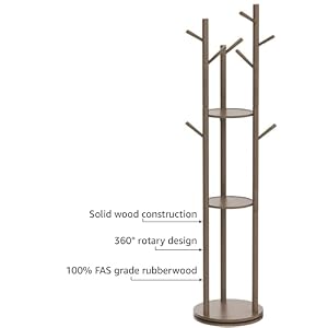 KungFuWood KASLANDI Coat Rack, Solid Wood Rotary Coat Rack Stand, Freestanding Coat Rack with 3 Shelves and 9 Hooks, Sturdy and Easy to Assemble Coat Tree for Entryway, Bedroom, Coats, Bags (Walnut) KungFuWood KASLANDI Coat Rack Solid Wood Rotary Coat Rack Stand Freestanding Coat Rack with 3 Shelves and 9 Hooks Sturdy and Easy to Assemble Coat Tree for Entryway Bedroom Coats Bags Walnut