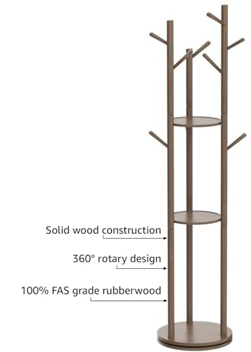 KungFuWood-KASLANDI-Coat-Rack-Solid-Wood-Rotary-Coat-Rack-Stand-Freestanding-Coat-Rack-with-3-Shelves-and-9-Hooks-Sturdy-and-Easy-to-Assemble-Coat-Tree-for-Entryway-Bedroom-Coats-Bags-Walnut KungFuWood KASLANDI Coat Rack Solid Wood Rotary Coat Rack Stand Freestanding Coat Rack with 3 Shelves and 9 Hooks Sturdy and Easy to Assemble Coat Tree for Entryway Bedroom Coats Bags Walnut