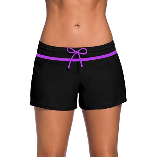 Women Sports Swimsuit Bottom Side Split Shorts Bikini Tankinis Swim Beach Board Swimwear Shorts with Soft Liner (Black Purple, Large)