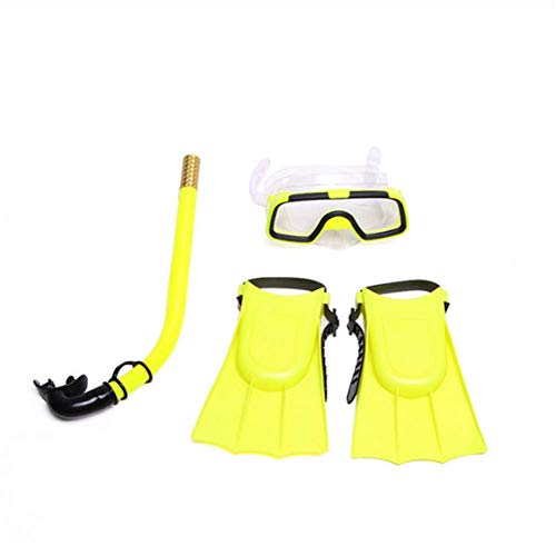 Molinter Ensemble de tuba pour enfant - Masque de plongée avec tuba et palmes en silicone - Pour garçon et fille - Jaune - Taille des palmes : 30-35