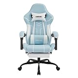 NIONIK ゲーミングチェア オットマン付き 幅広座面 オフェスチェア 連動ひじ掛け ハイバック gaming chair ゲーム用 チェア 多機能 135°リクライニング PCゲーミングチェア 静音キャスター 高さ調節でき パソコンチェア 勉強椅子 座り心地よい PUレザー 簡単組み立て(水色)