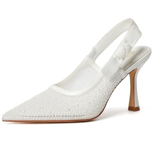 RIBONGZ Women Slingback High Kitten Heel Shoes Closed Pointed Toe Dress Pumps Slip on Patent Leather Comfort Stiletto Heels Braided Bowknot Work Wedding Shoes