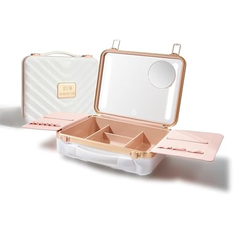 ROWNYEON Travel Makeup Case With Light Up Mirror - Portable Organizer and Train Case for Makeup Artists and Hairstylists with 5x Mirror(White) Cover