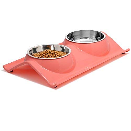 Divine Shield Double Dog Cat Bowls Bols Premium pour Animaux de Compagnie en Acier Inoxydable Station de résine Anti-déversement (Rose Rouge)