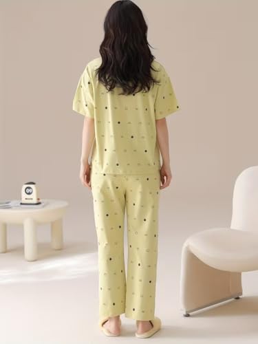 Image of SHIENZY Women Korean Style Night Suit | Round Neck Short Sleeve Cute Printed Cotton Pajama Set for Girls & Women | Soft Nightwear, Loungewear, Sleepwear for Women | Full Pyjama Set | Co-ord Set