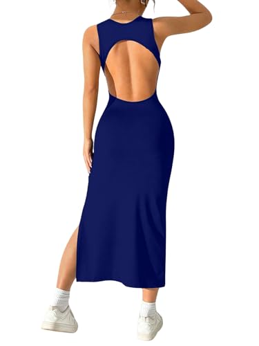 Image of Aahwan Women Bodycon Black Solid Simple Sleeveless Fish Tail Hem Backless Dress