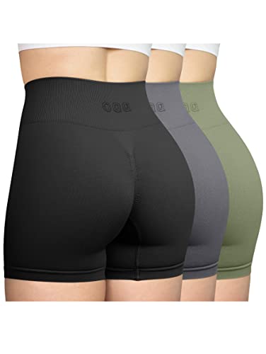 Oqq Women's 3 Piece Workout Seamless High Waist Butt Liftings Exercise Athletic Shorts, Black Grey Avocadogreen, Small #TOP27