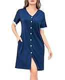 Wikoan Chemise de Nuit Femme Coton Robe Allaitement Patte de Boutonnage Pyjama Maternité Nuisette Manches Courtes Doux et Confortable Robe de Nuit Bleu Cobalt M