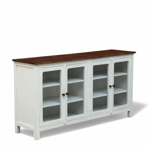 Image of Solid Wood Madrid 4-Door Glass Sideboard Cabinet | Crockery | Kitchen Cabinet | Finish - Premium White