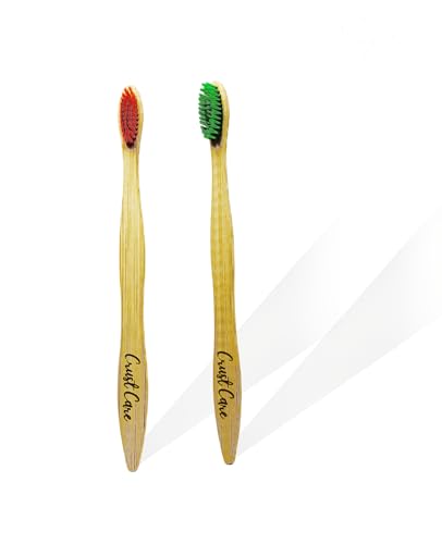 Crust Care Biologisch abbaubare Bambus-Zahnbürste, Familienpackung (5er-Pack) mit farbigen Borsten, einzeln verpackt + 1 Zungenreiniger aus Bambus – Mundpflege-Set