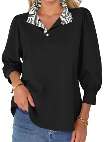 Cicy Bell Womens 3/4 Length Puff Sleeve Tops Dressy Casual Ruffle V Neck Blouses Color Block Loose Fit Shirts