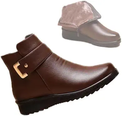 Women's Genuine Leather Wool Orthopedic Ankle Boots with Metal Buckle and Zipper - Waterproof, Non-Slip, Fur Lined Winter Boots