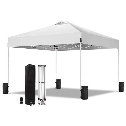 Image of 10 x 10FT Pop Up Canopy Tent with Wheeled Carry Bag, Sandbags, Easy Setup Outdoor Portable Gazebos Shelter Sun Shade for Events, Party, BBQ, Backyard, Adjustable Height Canopy, White