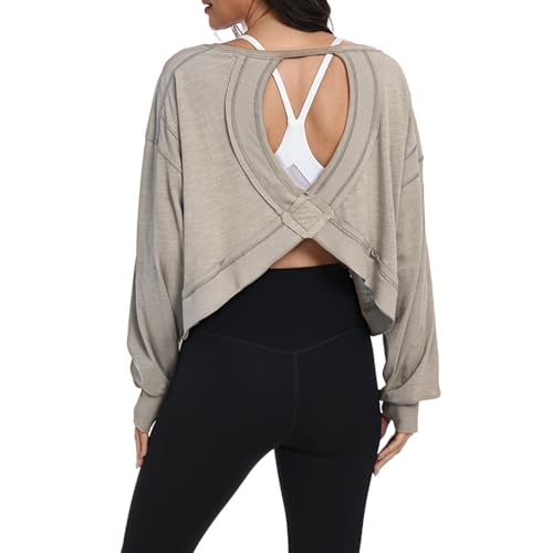 denking Women Open Back Workout Tops 100% Cotton Long Sleeve Shirts Yoga Athletic Gym Pilates Crop Cute Summer Oversize Tees(Khaki S)