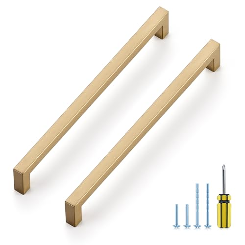 Image of Ravinte 5 Pack Champagne Bronze Cabinet Handles 10 Inch Hole Center Stainless Steel Kitchen Square Cabinet Pulls for Dresser Drawer Cupboard Handles with Screwdriver
