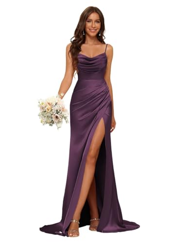 Stylefun Women's Cowl Neck Satin Prom Dresses with Slit Long Mermaid Formal Bridesmaid Dresses CYM302