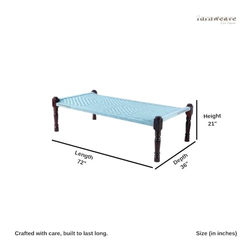 Image of Solid Sheesham Wood Charpai Khat | Handcrafted Daybed Khatiya Charpai with Cotton Rope | Traditional Khat Bed Wooden Diwan Cot for Living Room | 6X3 Feet | Light Blue