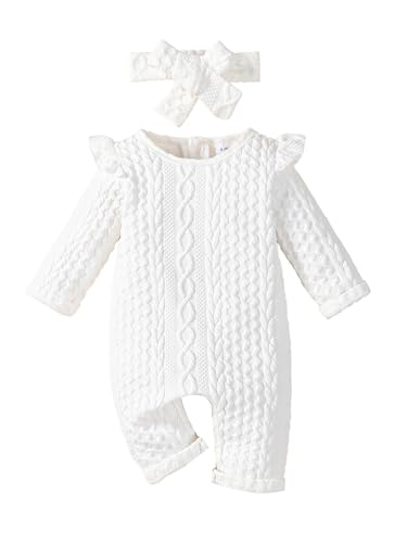 Image of MZINGY Baby Girl Knitted Romper Onesie White Jumpsuit with Hairband