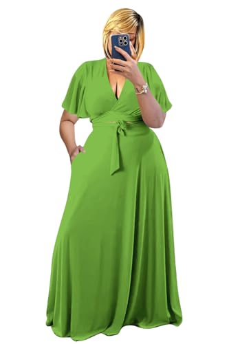 Image of Plus Size Women's 2 Piece Outfits Casual Short Ruffle Sleeve Wrap Crop Top Maxi Long Dress Flowy Matching Sets