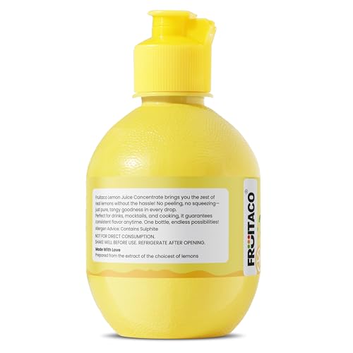 Image of Fruitaco Yellow Lemon Juice Concentrate - Pack of 6 (1500ml) | Equivalent to 150 Lemons | Pocket Bottle | Easy to Use in Cooking, Beverages, Shikanji, Lemonade & More
