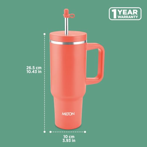 Image of Milton My Tumbler 1200 Thermosteel Double Wall Vacuum Insulated Stainless Steel Tumbler with Handle 1100ml,Leak Proof Travel Mug,Straw,Silicon Cap Cleaning Brush,Hot & Cold Beverage Flask,Coral Orange