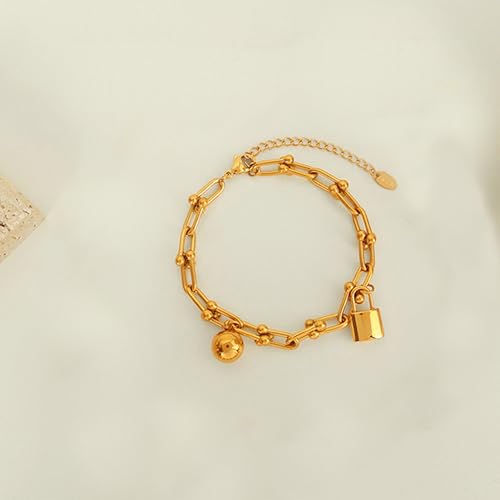 Chunky Gold Paperclip Bracelet for Women Lock Ball Pendant Charm Bracelet Adjustable2