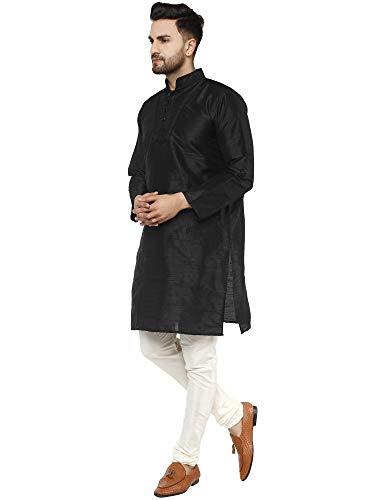 Image of SKAVIJ Men's Dupion Silk Embroidered Kurta Pajama Mandarin Collar Ethnic Motifs Festive Party Dress